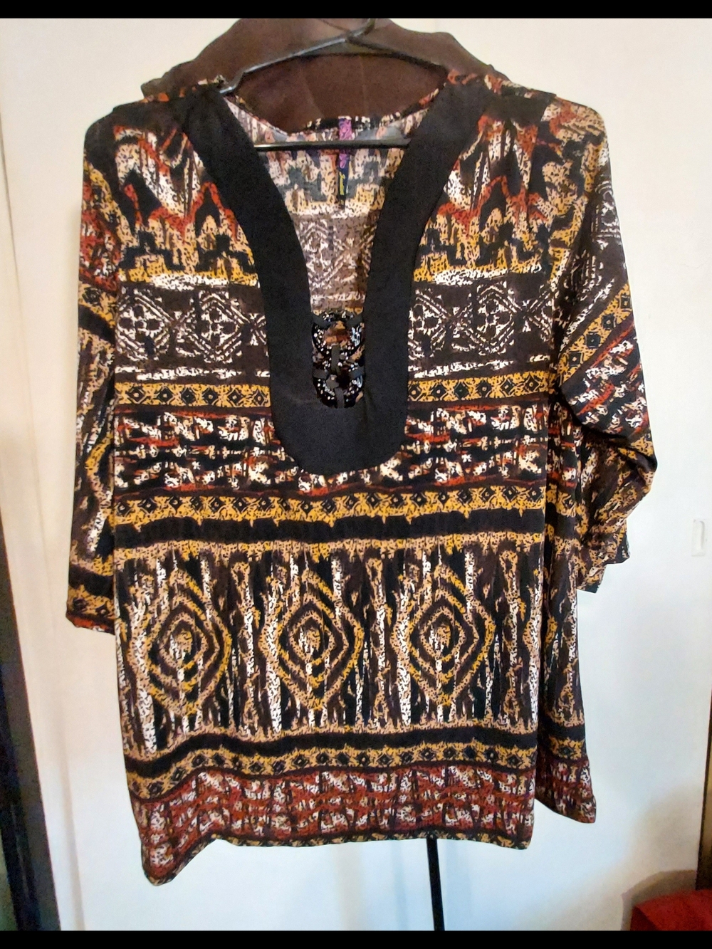 Judith Plus Size 2X Tribal Geometric Print Tunic Top Boho Beaded Accent